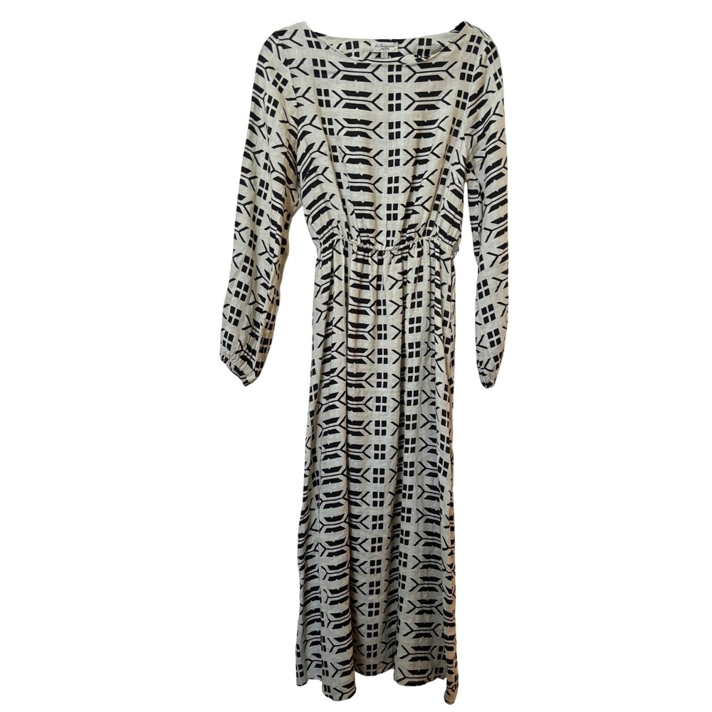 Le Ragazze Made in Italy 100% Linen Maxi Dress Black Geometric Print Large